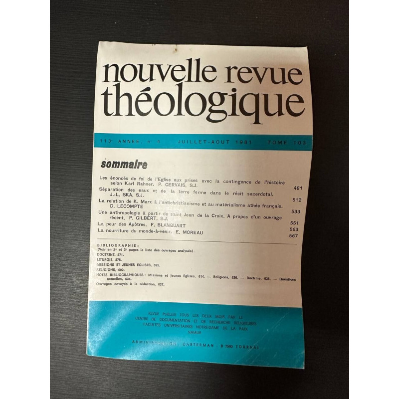Nouvelle revue théologique 113e annee n°4 tome 103