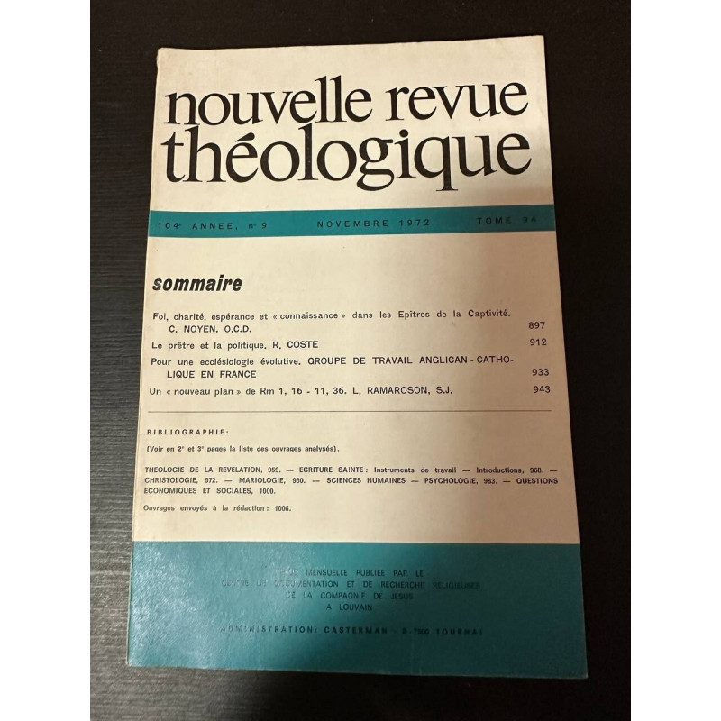 Nouvelle revue théologique 104e annee n°9 tome 94