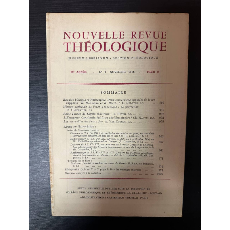 Nouvelle revue théologique 88e année n°9 tome 78