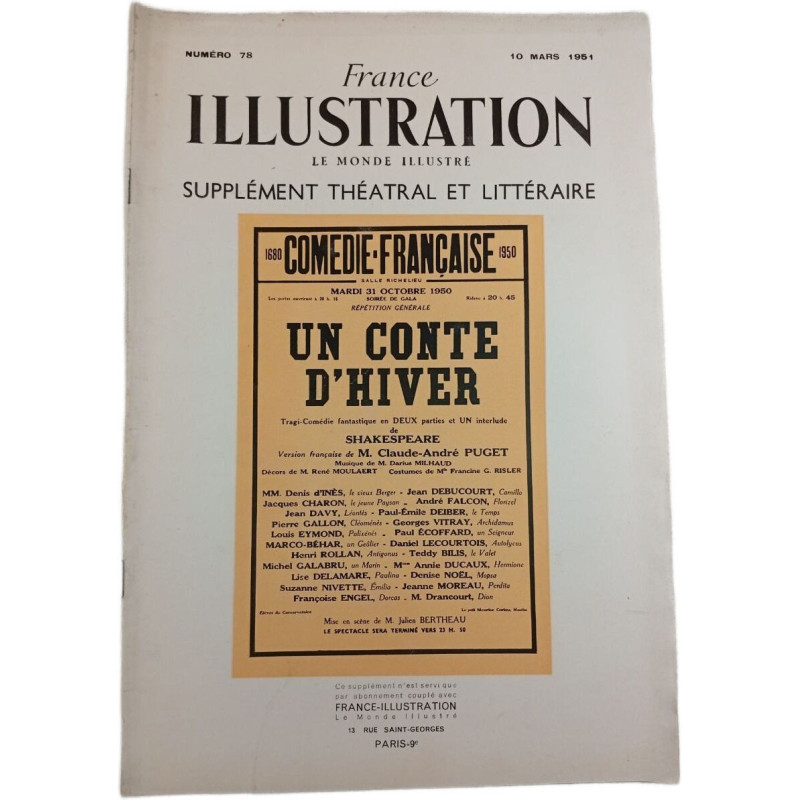 France Illustration n°78 Le Monde Illustré Supplément Théâtral et...